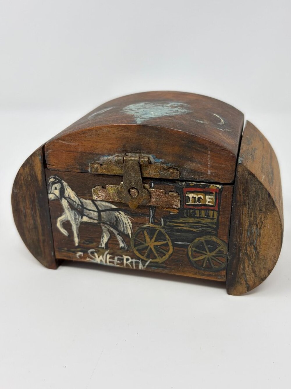 Vintage Handmade & Painted Wood Trinket Box w/ Dome Lid Horse & Carriage Signed